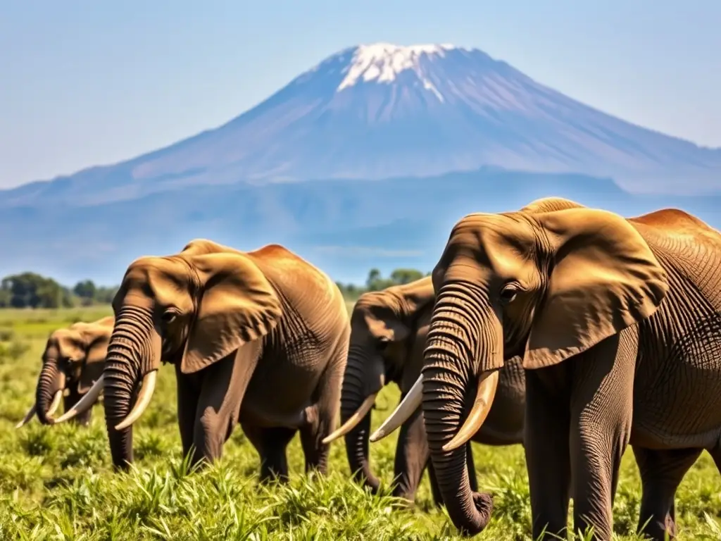 A group of elephants walking across the Amboseli plains with Mount Kilimanjaro in the background. The image showcases the iconic scenery of Amboseli National Park.