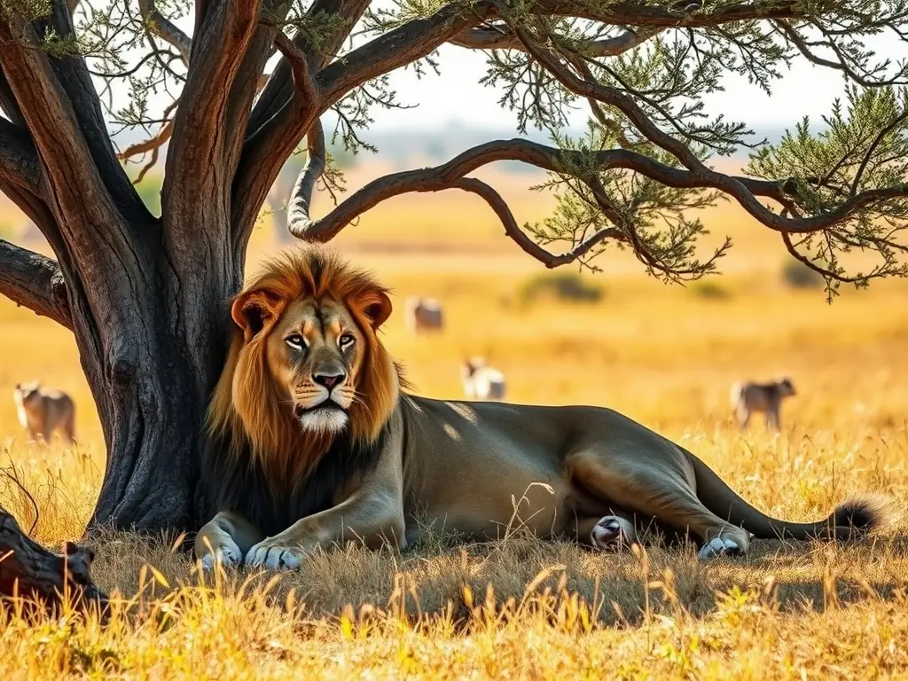 A majestic lion resting under an acacia tree during sunset in the Masai Mara, Kenya. The image captures the essence of a classic Kenyan safari experience.